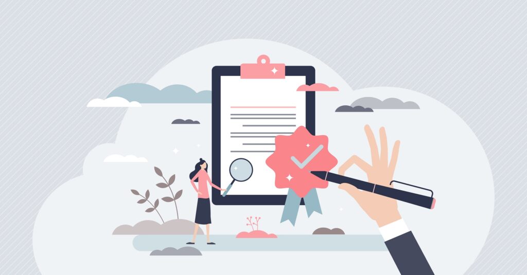 Quality control and product satisfaction research check tiny person concept. Best standard check and deal evaluation with closeup expertise and inspection for errors or mistakes vector illustration.