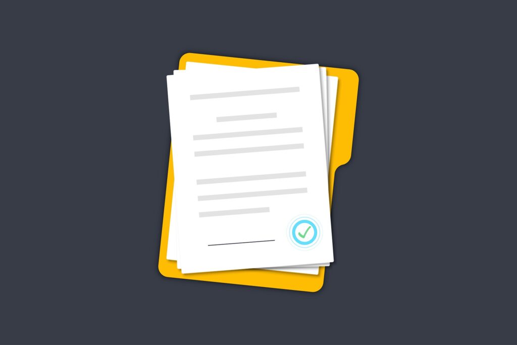 Documents papers. Contract. Folder with stamp and text. Folder and stack of white papers of agreements document with signature and approval stamp. Concept of paperwork. Simple, flat design