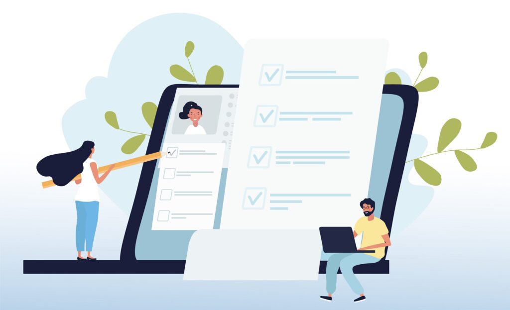Online exam concept using laptops with young male and female students completing digital question papers, colored vector illustration