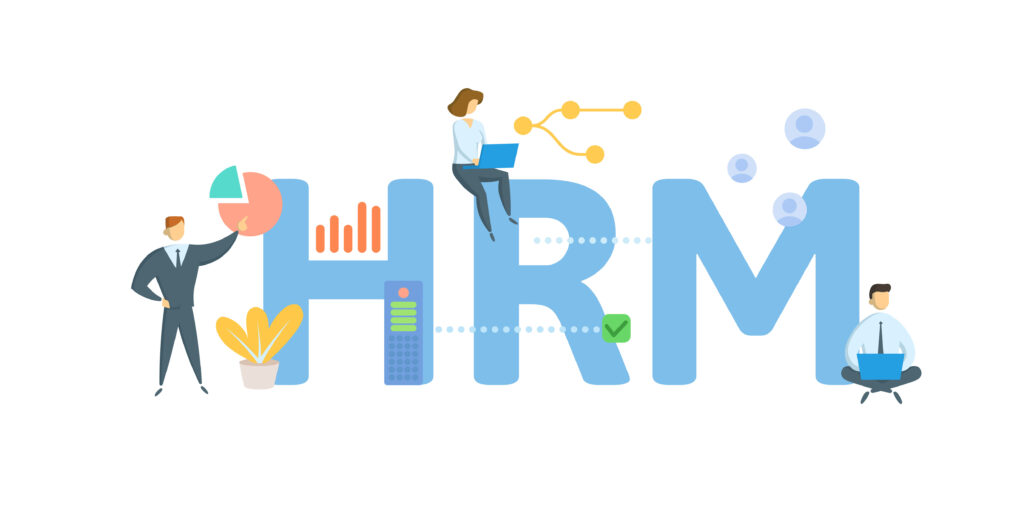HRM, Human Resources Management. Concept with keyword, people and icons. Flat vector illustration. Isolated on white background.